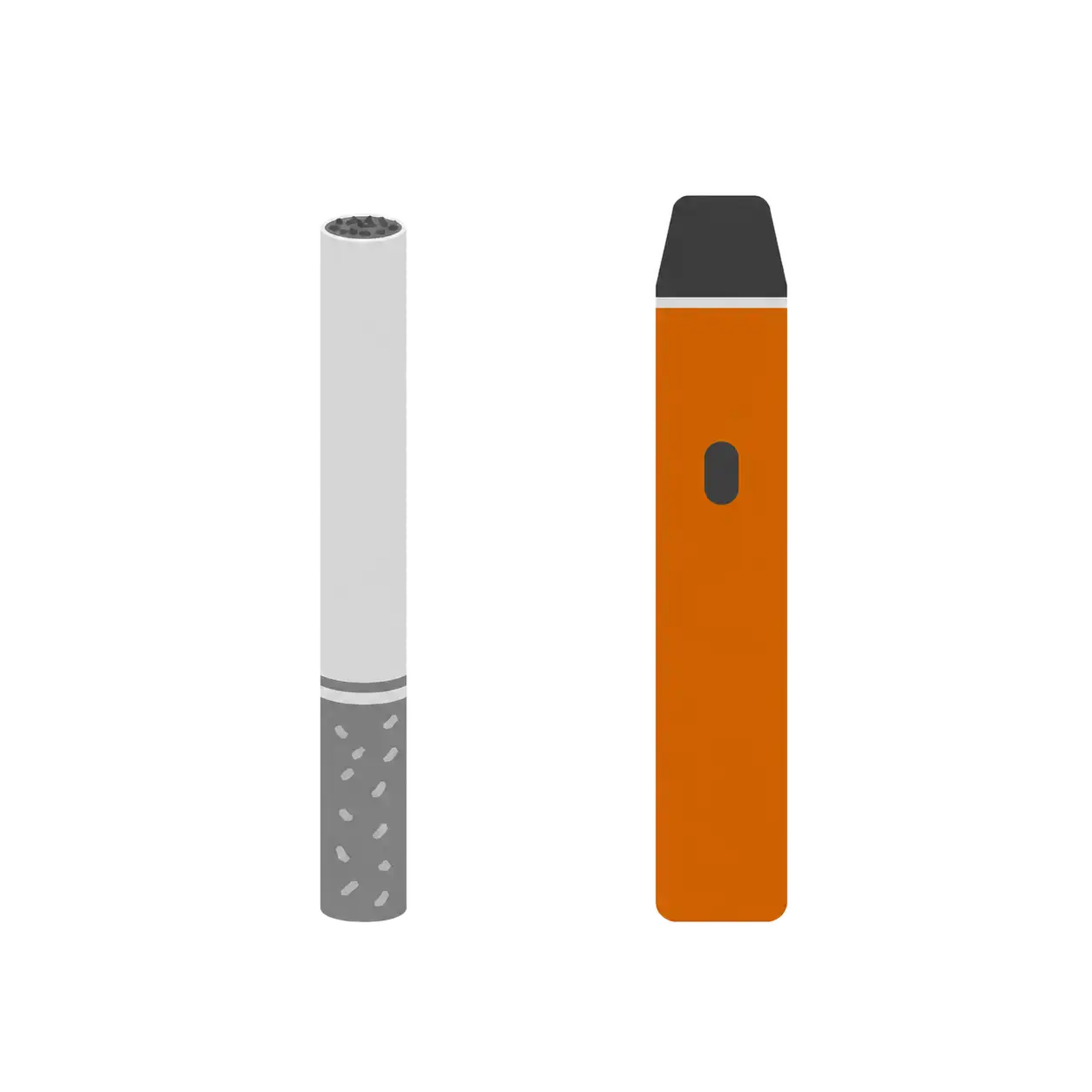 Een grijze sigaret naast een oranje vape-pen