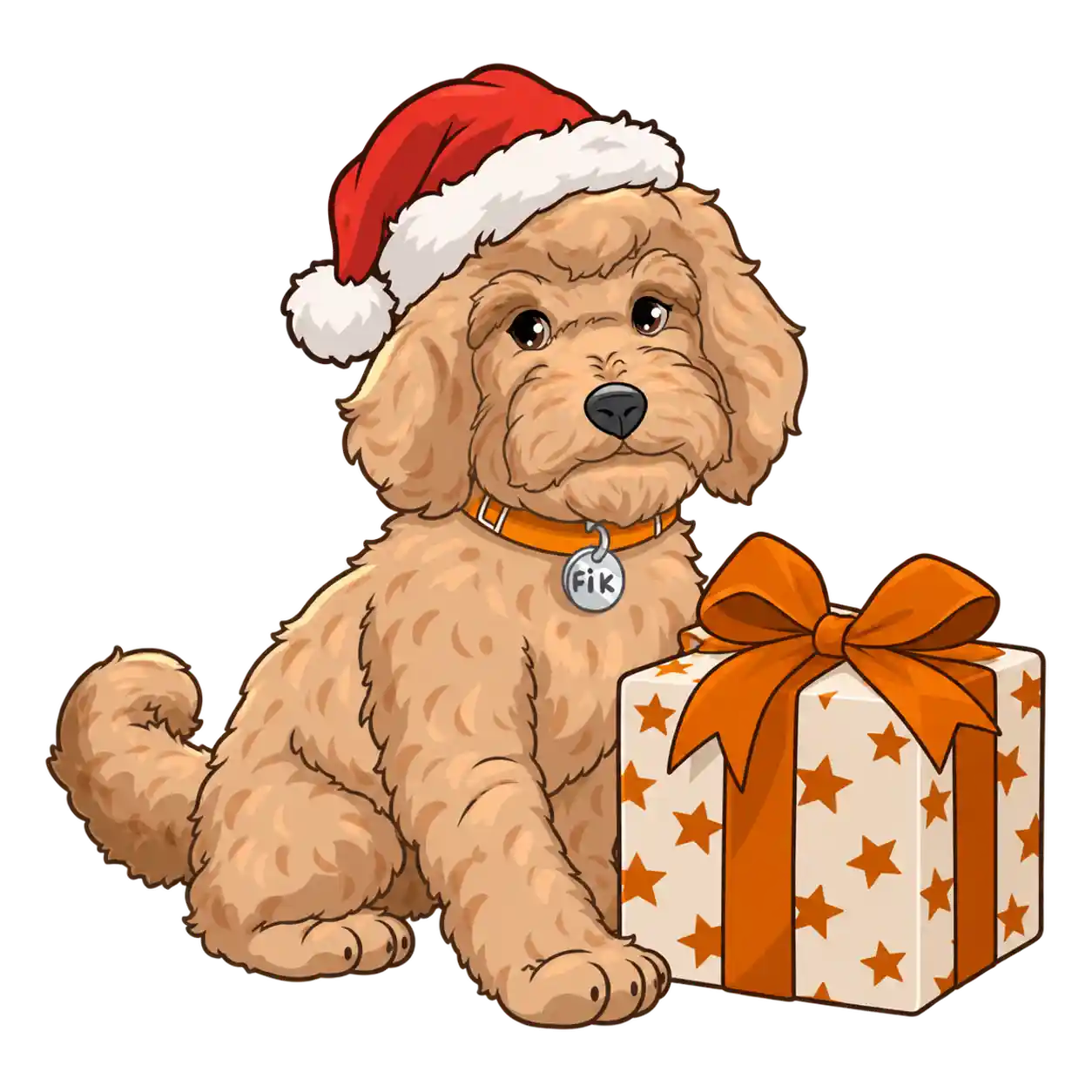 Fik, de hond van 123stop, met een kerstmuts op, naast een cadeau met oranje sterren en een oranje strik