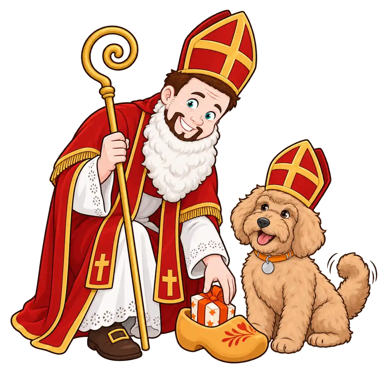 Fik met een mijter en Nico als Sinterklaas stoppen een cadeautje in een schoen.
