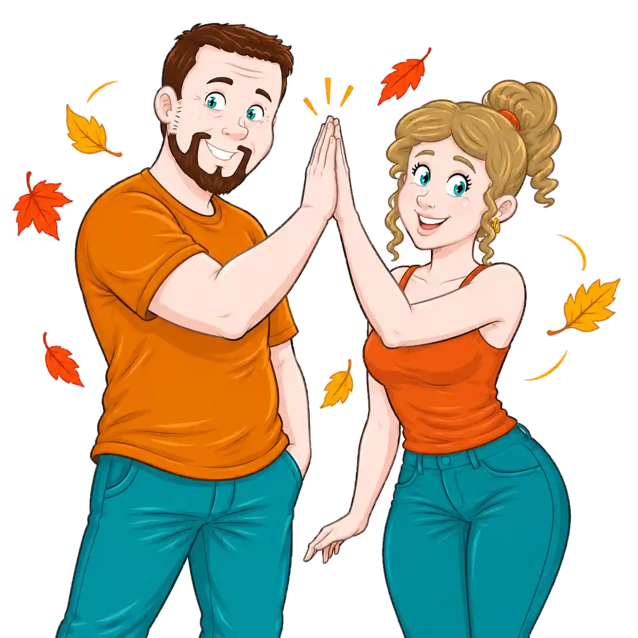 Een man en een vrouw geven elkaar een high-five, met herfstbladeren om hen heen