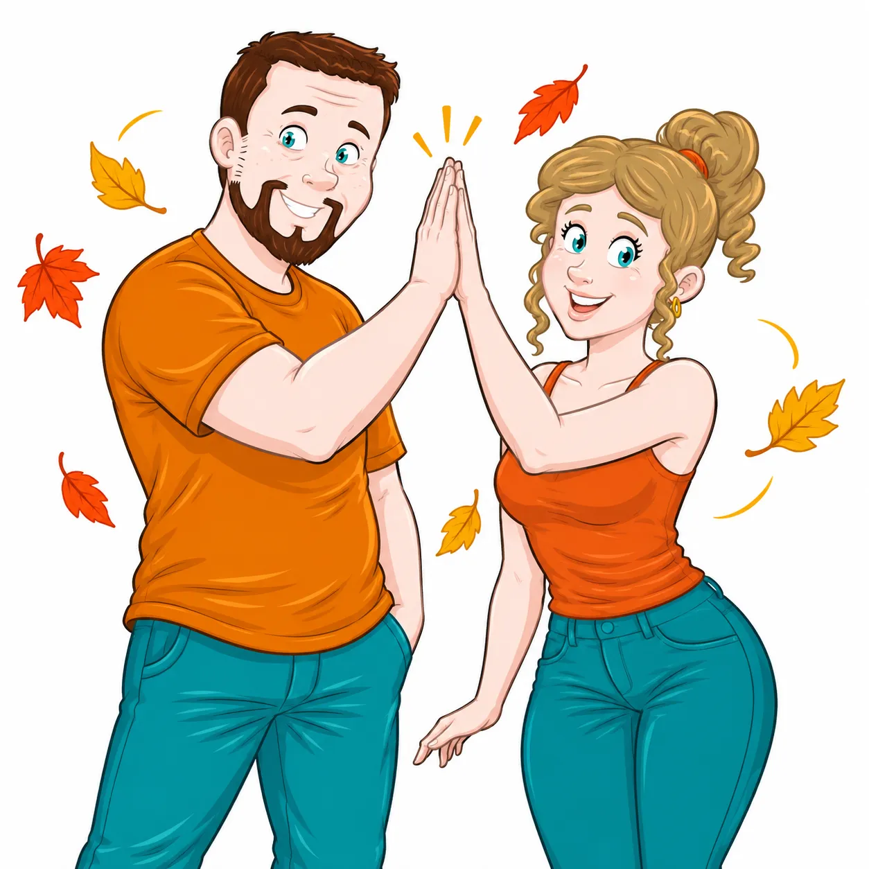 Een man en een vrouw geven elkaar een high-five, met herfstbladeren om hen heen